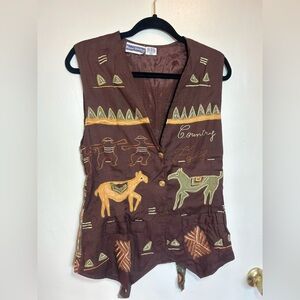 Vintage Brown Embroidered‎ Vest with Animal Motifs